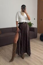 Yırtmaçlı Ekose Saten Etek Kahverengi