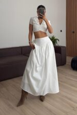 Önü Drapeli V Yaka Etek Takım Beyaz