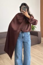 Cool Şallı Saten Gömlek Kahverengi