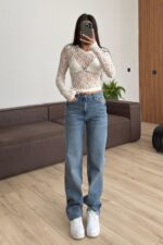 Bs Paçası Kesik Straight Mavi Eskitme Jean