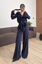 Önü Fırfırlı Kolları Volanlı Pantolon Takım Lacivert