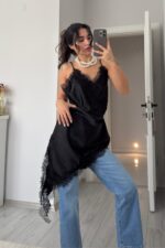 Kırışmayan Saten Dantel Elbise Siyah