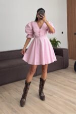 Bebek Yaka Pötikare Elbise Pembe