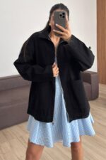 Fermuarlı Önü Cepli Kot Ceket Siyah