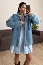 Fermuarlı Önü Cepli Kot Ceket Açık Mavi