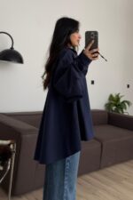 Kolları Ayarlanabilir Oversize Gömlek Laciverti - Görsel 3