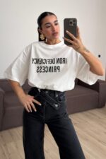 Oversize Önü Baskılı Tişört Beyaz