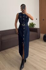 Kemerli Gold Düğmeli Denim Elbise Lacivert