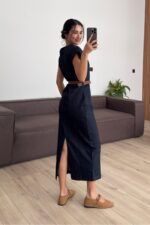 Beli Kemerli İnce Kot Elbise Lacivert - Görsel 4