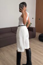 Kemerli Bermuda Şort Beyaz - Görsel 4