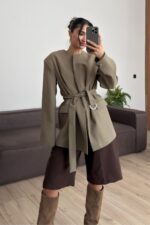 Kemerli Yakasız Blazer Ceket Haki