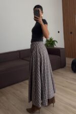 Kemerli Yırtmaçlı Ekose Etek Gri - Görsel 4