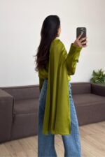 Cool Şallı Saten Gömlek Fıstık Yeşili - Görsel 3