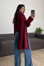 Cool Şallı Saten Gömlek Bordo - Görsel 3