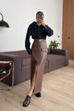 Beli Kemerli Önü Yırtmaçlı Deri Etek Taba