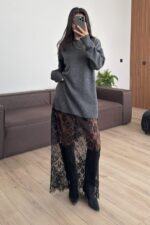 Dantel Detaylı Triko Elbise Antrasit