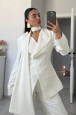 Belden Oturtmalı Fularlı Blazer Takım Ekru - Görsel 3