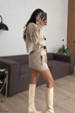 Çıtçıtlı Safari Cepli Gömlek Etek Takım Taş - Görsel 4