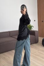 Saten Asimetrik Güpür Detaylı Bluz Siyah - Görsel 5