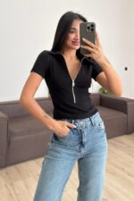 Polo Yaka Yarım Fermuarlı Tişört Siyah