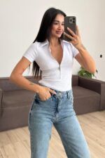 Polo Yaka Yarım Fermuarlı Tişört Beyaz