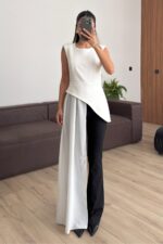 Tasarım Tül Detaylı Asimetrik Bluz Beyaz