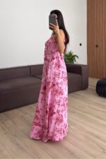 Önü Yırtmaçlı Gül Desenli Elbise Pembe - Görsel 4