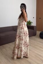 Önü Yırtmaçlı Gül Desenli Elbise Kahverengi - Görsel 3