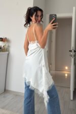 Kırışmayan Saten Dantel Elbise Ekru - Görsel 4