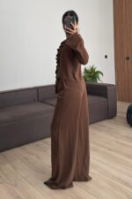 Önü Fırfırlı Kolları Volanlı Pantolon Takım Kahverengi - Görsel 4