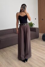 Gold Kemerli Palazzo Pantolon Kahverengi