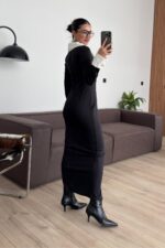 Polo Yaka İnci Düğmeli Siyah Elbise - Görsel 4