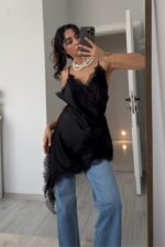 Kırışmayan Saten Dantel Elbise Siyah - Görsel 2