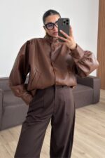 Düğmeli Yumuşak Deri Ceket Kahverengi