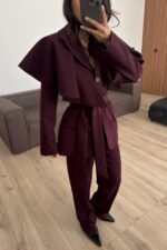 Pelerinli Parçalı Blazer Takım Bordo - Görsel 3