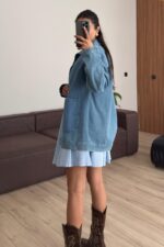 Fermuarlı Önü Cepli Kot Ceket Açık Mavi - Görsel 3