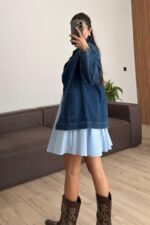 Fermuarlı Önü Cepli Kot Ceket Lacivert - Görsel 3