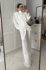 Mandarin Saten Pantolon Takım Beyaz