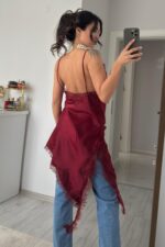 Kırışmayan Saten Dantel Elbise Bordo - Görsel 3