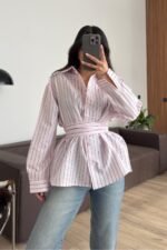 Çizgili Kuşaklı Poplin Gömlek Pembe