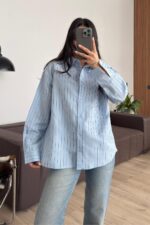 Çizgili Kuşaklı Poplin Gömlek Mavi - Görsel 2