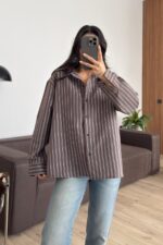 Çizgili Kuşaklı Poplin Gömlek Kahverengi - Görsel 2