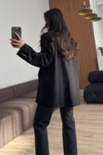 Önü Yırtmaçlı Keten Blazer Ceket Siyah - Görsel 3