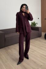 Pelerinli Parçalı Blazer Takım Bordo - Görsel 2
