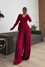 Kruvaze Yaka Bağlamalı Crep Pantolon Takım Bordo