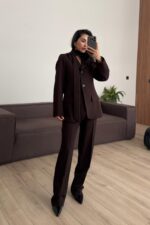 Pelerinli Parçalı Blazer Takım Kahverengi - Görsel 2