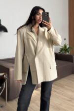 Önü Yırtmaçlı Keten Blazer Ceket Taş