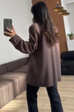 Önü Yırtmaçlı Keten Blazer Ceket Kahverengi - Görsel 3