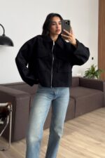 Kısa Safari Cepli Kaşe Kaban Siyah