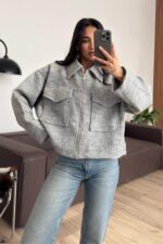 Kısa Safari Cepli Kaşe Kaban Gri